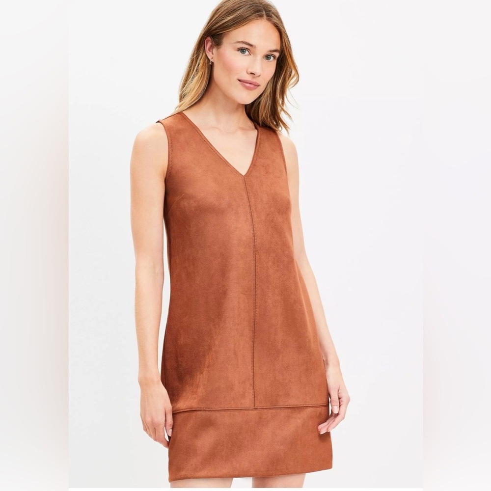 NWT Women’s LOFT Brown Faux Suede V-Neck Mini Shift Dress Size 6Petite